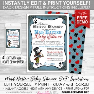 Mad Hatter Baby Shower Invitation - INSTANT DOWNLOAD - Editable & Printable Alice in Wonderland, Tea Party Invite, White Rabbit