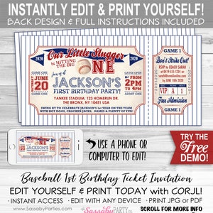 Baseball Ticket BIRTHDAY Invitation - INSTANT DOWNLOAD - partially Editable & Printable, Slugger, 1st Birthday, Party Invite, Boys, First