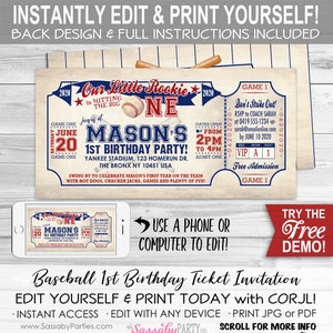 Vintage Baseball 1st BIRTHDAY Invitation - INSTANT DOWNLOAD - Editable & Printable, First Birthday, Ticket, Party Invite, Little Rookie, One