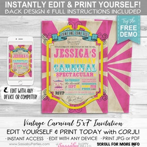 Carnival Invitation, Invite, Any Age, Birthday, Pink, Carousel, Ferris Wheel, Instant Download, Edit Text, Editable, Printable, Print Yourself, Use Any Device