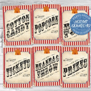 Circus Game Sideshow Alley Poster, Big Top Signs, Photo Booth, Circus, Ring Toss, Cotton Candy, Prizes, Tickets, Popcorn, Stripes, Instant Download, Printable, Print Yourself, 30 Included, The Greatest Show On Earth