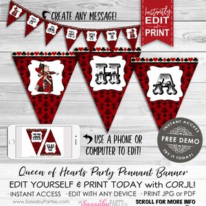 Queen of Hearts Party Banner - INSTANT DOWNLOAD Editable & Printable Birthday Baby or Bridal Shower Party Decorations, Decor, Bunting