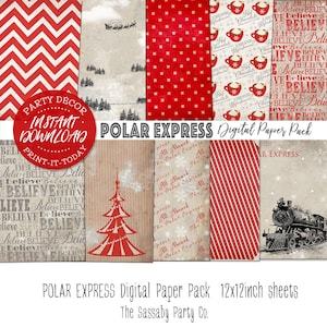 Polar Express Digital Papers Pack - INSTANT DOWNLOAD - Scrapbooking Card Making, Sheets, Christmas, Birthday Decorations, Party Decor, Train