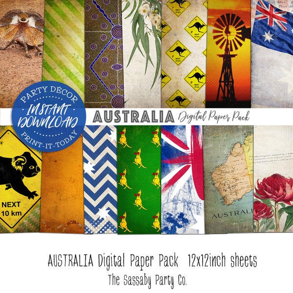 Australië Digital Paper Pack - INSTANT DOWNLOAD - Afdrukbare vellen, scrapbooking, kaarten maken, kangoeroe, koala, outback, Australiër, groen en goud