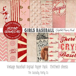 Vintage Girls Baseball Paper Pack - INSTANT DOWNLOAD - 14 Digital Sheets, Printable, Birthday, Rockford Peaches, A League of Her Own