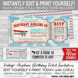 Airplane Birthday Party Invitation, Invite, Edit Text, Editable, Printable, Print Yourself, Instant Download, Plane, Aeroplane, Airline, Birthday, Baby Shower, Decor, Decorations