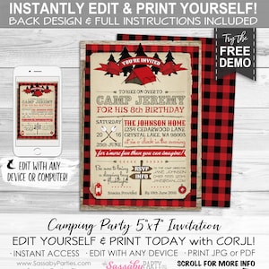 Camping Party Invitation - INSTANT DOWNLOAD - Partially Editable & Printable, Camp Out Birthday, Invite, Buffalo Plaid, Red Check, Summer