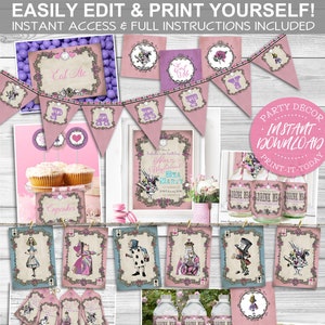 Alice in Wonderland Party Pack - INSTANT DOWNLOAD - Partially editable, Pastel, Pink Tea Party, Birthday Decorations, Decor, White Rabbit
