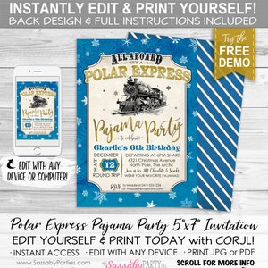 Polar Express Invitation - INSTANT DOWNLOAD - Partially Editable & Printable, Blue Pajama Party, Birthday Invite, Train, Christmas, Believe