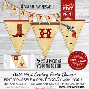 Wild West Cowboy Party Banner - INSTANT DOWNLOAD - Editable & Printable Birthday Decorations, Bunting, Decor, Western, Rodeo, Boots