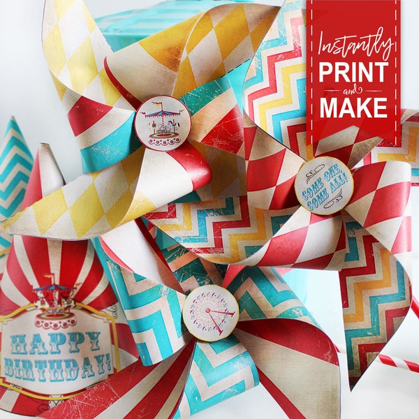 Carnival Pinwheels Templates - INSTANT DOWNLOAD - Printable Party Decor, Template, Favor, Decorations, Circus Pinwheel, Paper Craft, Vintage