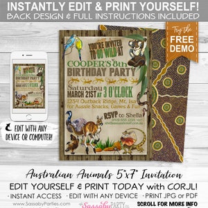 Australian Animals Birthday Invitation - INSTANT DOWNLOAD -  Partially Edit, Printable, Party Invite, Kangaroo, Koala, Lizard, Go Wild