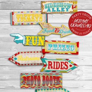 Carnival Arrow Signs Posters - Instant Download - Printable Birthday Party Decorations, Decor, Sideshow Alley, Circus Show, Tickets, Prizes