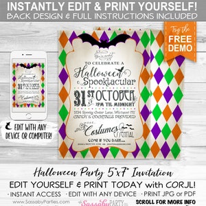 Halloween Party Invitation - INSTANT DOWNLOAD - Edit & Print today, Spooky Harlequin Invitation, Invite, Spooktacular, Bats, Costume, Purple