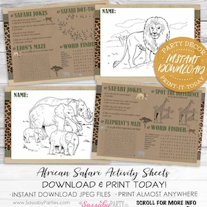 Safari Party Activity Sheets, Birthday Decor, Coloring Sheet, African Animals, Giraffe, Elephant, Lion, Africa, Games, Maze, Jokes, Word Finder, Placemat, Instant Download, Print Yourself, Printable,