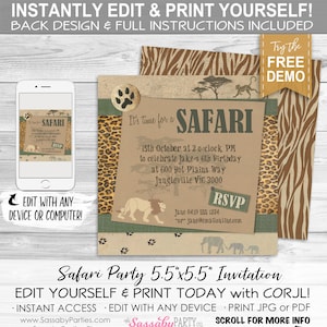 Safari Party Invitation - INSTANT DOWNLOAD - Partially Editable & Printable Birthday Jungle, African Animals, Wild Africa, Lion Invite