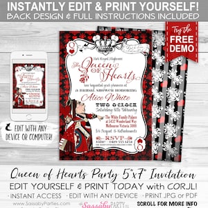 Queen of Hearts Invitation - INSTANT DOWNLOAD - Partially Editable & Printable Bridal Shower, Baby, Birthday Invite, Alice in Wonderland