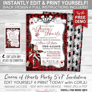 Alice in Wonderland, Red Queen of Hearts, Invitation, Invite, Tea Party, Edit Text, Editable, Printable Birthday Party Decorations, Print Yourself, Instant Download, Decor, Decoration, Print At Home, Digital Files