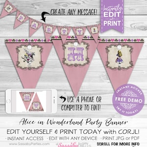 Alice in Wonderland Party Banner Pink Pastel - INSTANT DOWNLOAD - Editable & Printable Birthday Decoration, Decor, Bunting, White Rabbit