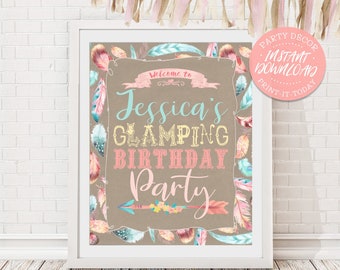 Boho Chic Glamping Welcome Sign - INSTANT DOWNLOAD - Editable & Printable, Birthday Party Decorations, Poster Decor, Feathers, Arrow, Pastel