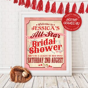 Girls Baseball Rockford Peaches Bridal Shower Poster, Sign, Pink, Red, League of Her Own, All-Star, Party Welcome Sign, Printable, Edit Text, Editable Message, Shower Decor, Decorations, Print Yourself