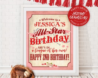 Girls Baseball Birthday Sign - INSTANT DOWNLOAD - partially Editable & Printable Rockford Peaches, A League of her Own, All Star, Poster