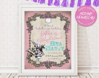Alice in Wonderland Pastel Party Sign - INSTANT DOWNLOAD - Editable & Printable Birthday Party Decorations, Decor, Poster, Mad Hatter, Queen