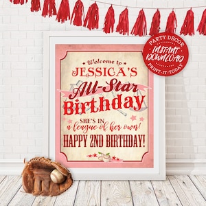 Girls Baseball Birthday Sign - INSTANT DOWNLOAD - partially Editable & Printable Rockford Peaches, A League of her Own, All Star, Poster