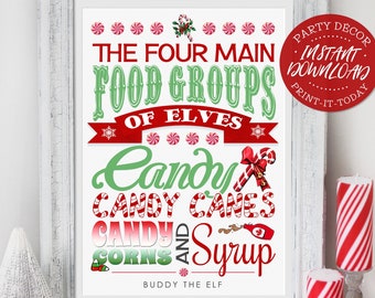 Buddy Elf Christmas Poster - INSTANT DOWNLOAD - Four Food Groups, Art Print Movie Quote Sign, Xmas Poster, Printable Decoration, Party Decor