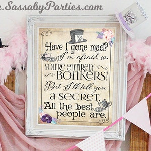 Mad Hatter Tea Party Poster - INSTANT DOWNLOAD - Bonkers Quote Alice in Wonderland Pastel Birthday Baby Shower Printable Sign Decoration