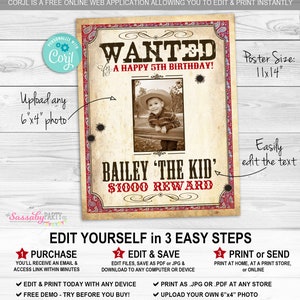 Cowboy Poster, Photo, Upload Picture, Wanted Sign, Reward, Printable, Birthday Party Decorations, Edit Text, Editable Name, Print Yourself, Instant Download, Fun Decor, Texas, Wild West, Decoration, Red, Bandana, Print At Home, Digital Files