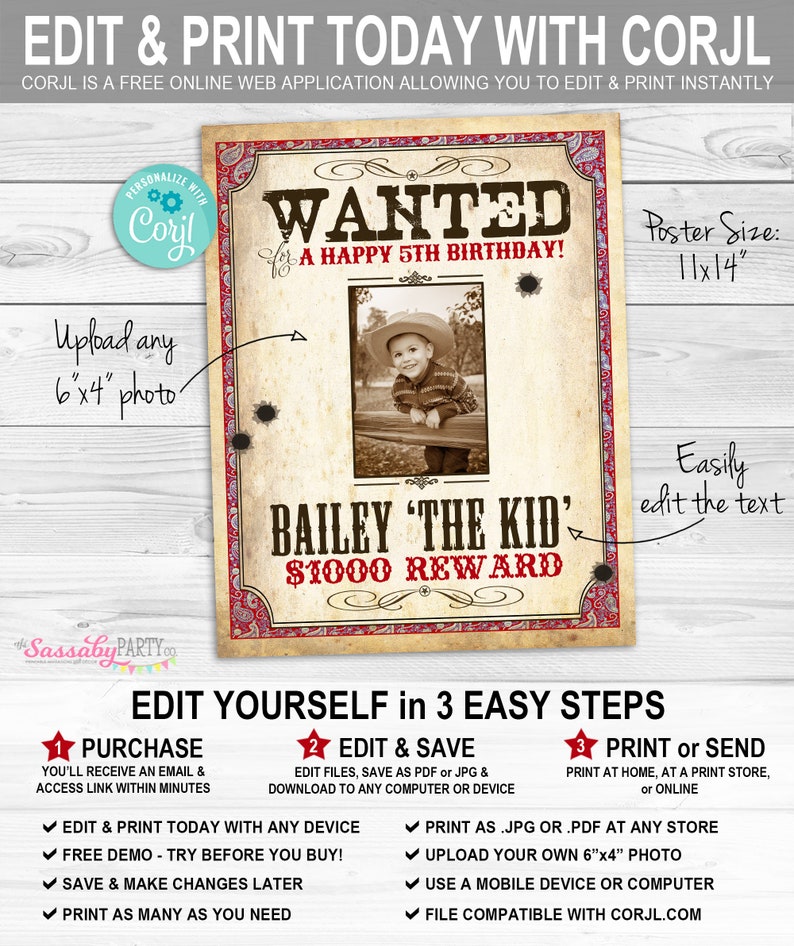 Cowboy Poster, Photo, Upload Picture, Wanted Sign, Reward, Printable, Birthday Party Decorations, Edit Text, Editable Name, Print Yourself, Instant Download, Fun Decor, Texas, Wild West, Decoration, Red, Bandana, Print At Home, Digital Files