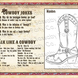 Cowboy Activity Sheets, Game, Coloring, Jokes, Slang, Lone Star, Ranger, Texas, Wild West, Birthday Party Decor, Decorations, Placemat, Instant Download, Printable, Print Yourself At Home, Kids Fun