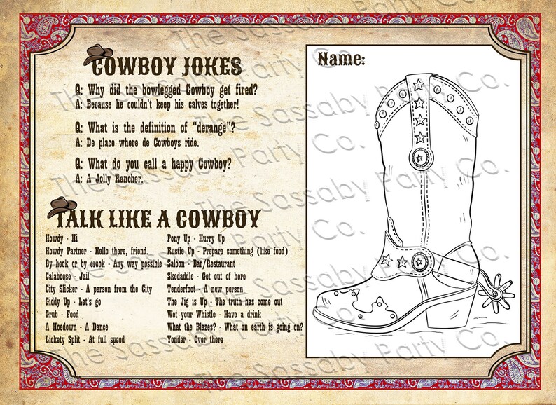 Cowboy Activity Sheets, Game, Coloring, Jokes, Slang, Lone Star, Ranger, Texas, Wild West, Birthday Party Decor, Decorations, Placemat, Instant Download, Printable, Print Yourself At Home, Kids Fun