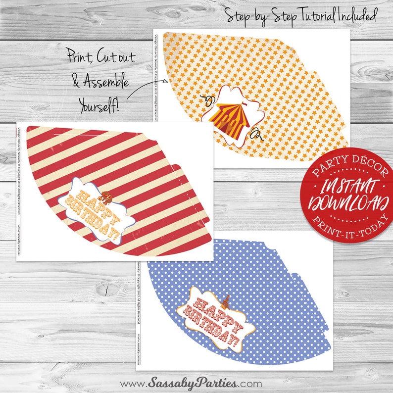 Circus Party Hats Pack, Included Templates, Red, Birthday, Instant Download, Make Assemble Yourself, Printable, Carnival, Big Top, Come One Come All, Print Yourself