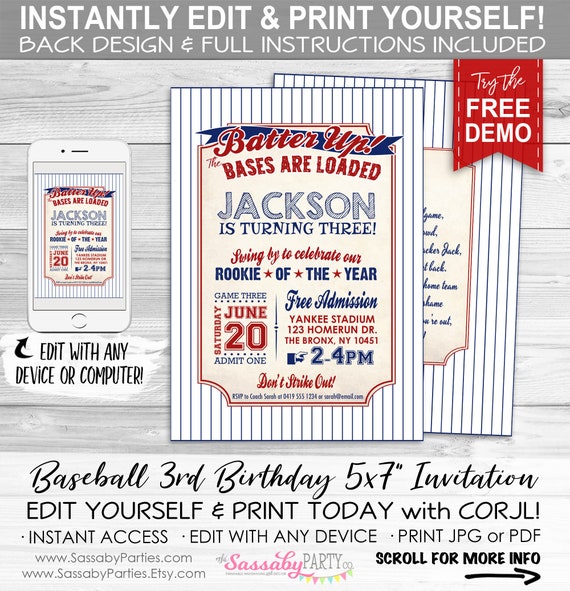 Baseball Invitation - INSTANT DOWNLOAD - partially Editable & Printable, Rookie, 3rd Birthday, Party Invite, Third Bday, Three, Bases Loaded Il_570xn