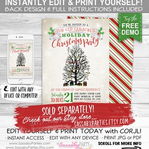 Pu&ograve; includere: Un invito a una festa di Natale stampabile con uno sfondo a righe rosso e verde. L'invito presenta un'illustrazione di un albero di Natale con luci e regali. Il testo sull'invito recita "Sei invitato a una divertente festa di Natale all'antica".