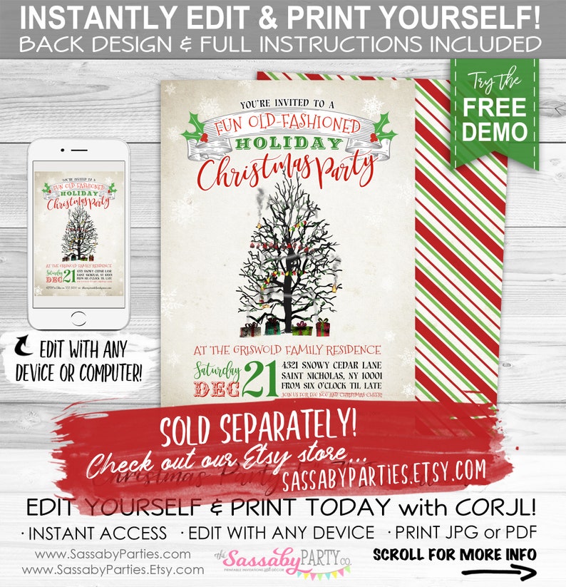 Pu&ograve; includere: Un invito a una festa di Natale stampabile con uno sfondo a righe rosso e verde. L'invito presenta un'illustrazione di un albero di Natale con luci e regali. Il testo sull'invito recita "Sei invitato a una divertente festa di Natale all'antica".