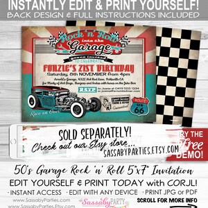 K&ouml;nnte beinhalten: Eine Einladung im 50er-Jahre-Garage-Rock-'n'-Roll-Stil mit einer Vintage-Auto-Illustration. Die Einladung enth&auml;lt Veranstaltungsdetails, RSVP-Informationen und den Satz "Race on Over!". Das Design umfasst ein Route 66-Schild und eine Zielflagge.
