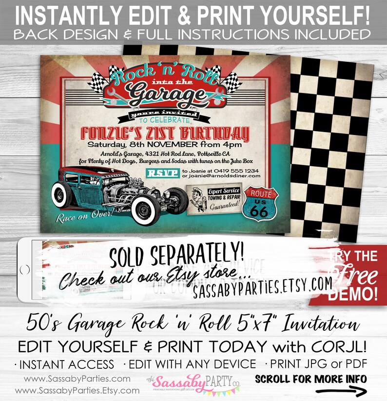 K&ouml;nnte beinhalten: Eine Einladung im 50er-Jahre-Garage-Rock-'n'-Roll-Stil mit einer Vintage-Auto-Illustration. Die Einladung enth&auml;lt Veranstaltungsdetails, RSVP-Informationen und den Satz "Race on Over!". Das Design umfasst ein Route 66-Schild und eine Zielflagge.