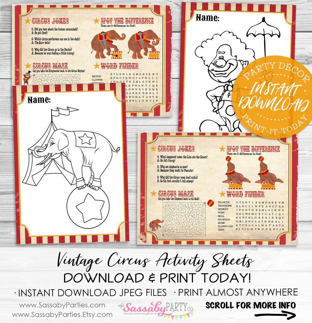 Vintage Circus Activity & Coloring Sheets/placemats - INSTANT DOWNLOAD ...