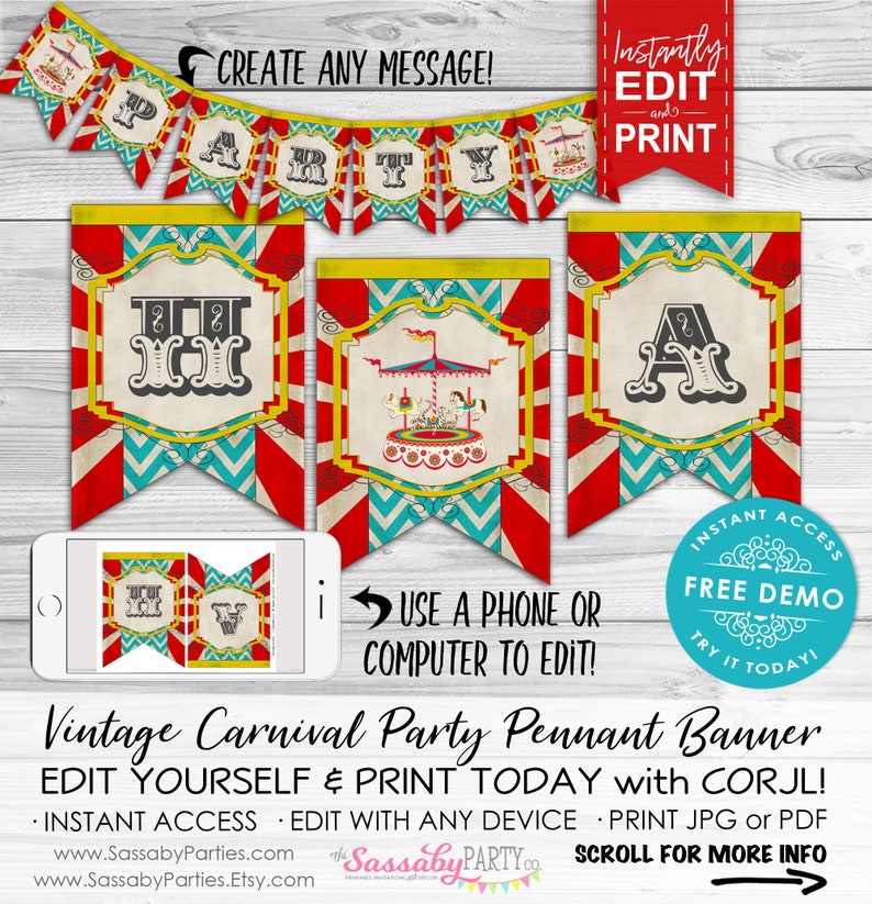 Carnival Banner, Bunting Flags, Edit Text, Editable, Message, Sign, Birthday Party, Welcome Sign, Come One Come All, Circus, Carousel, Instant Download, Printable, Print Yourself,