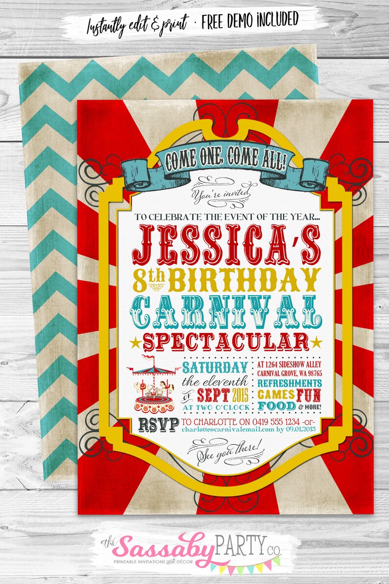 Carnival Birthday Invitation INSTANT DOWNLOAD Edit & Print Today, Circus, Sideshow, Party Invite, Vintage Carousel, Come one Come All image 4