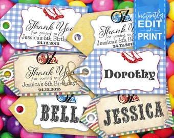 Wizard of Oz Party Tags Thank you - INSTANT DOWNLOAD - Editable & Printable Birthday Decoration, Decor, Gift, Name, Labels, Ruby Slippers
