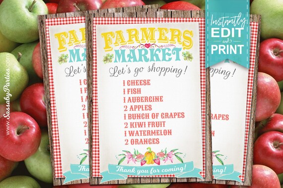 Farmers Market Shopping List - INSTANT DOWNLOAD - Editable & Printable Birthday Game, Scavenger Hunt, Decor, Food, Fruit Vegetales, Farm Il_570xn