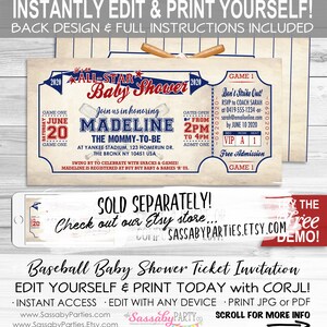 May include: A baseball-themed baby shower ticket invitation with a blue and red color scheme. The ticket is designed to look like a baseball ticket with the text "All-Star Baby Shower" and "Madeline The Mommy-To-Be". The ticket also includes the date, time, and location of the shower. The text "Sold Separately! Check out our Etsy store... SassabyParties.Etsy.com" is displayed at the bottom of the image.
