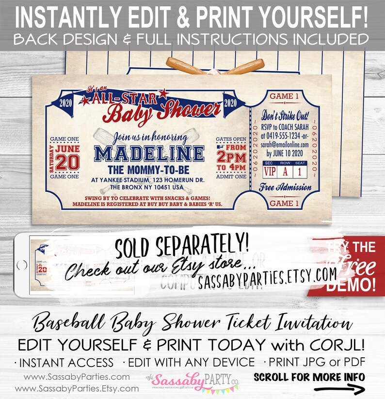 May include: A baseball-themed baby shower ticket invitation with a blue and red color scheme. The ticket is designed to look like a baseball ticket with the text "All-Star Baby Shower" and "Madeline The Mommy-To-Be". The ticket also includes the date, time, and location of the shower. The text "Sold Separately! Check out our Etsy store... SassabyParties.Etsy.com" is displayed at the bottom of the image.