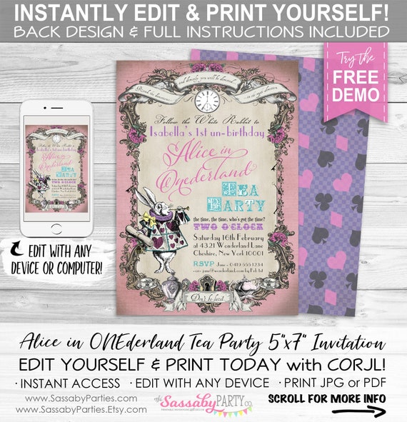 Alice in ONEderland Tea Party Invitation - INSTANT DOWNLOAD - Pink Pastel, Edit & Print Yourself, 1st Birthday Invite, First, White Rabbit Il_570xn