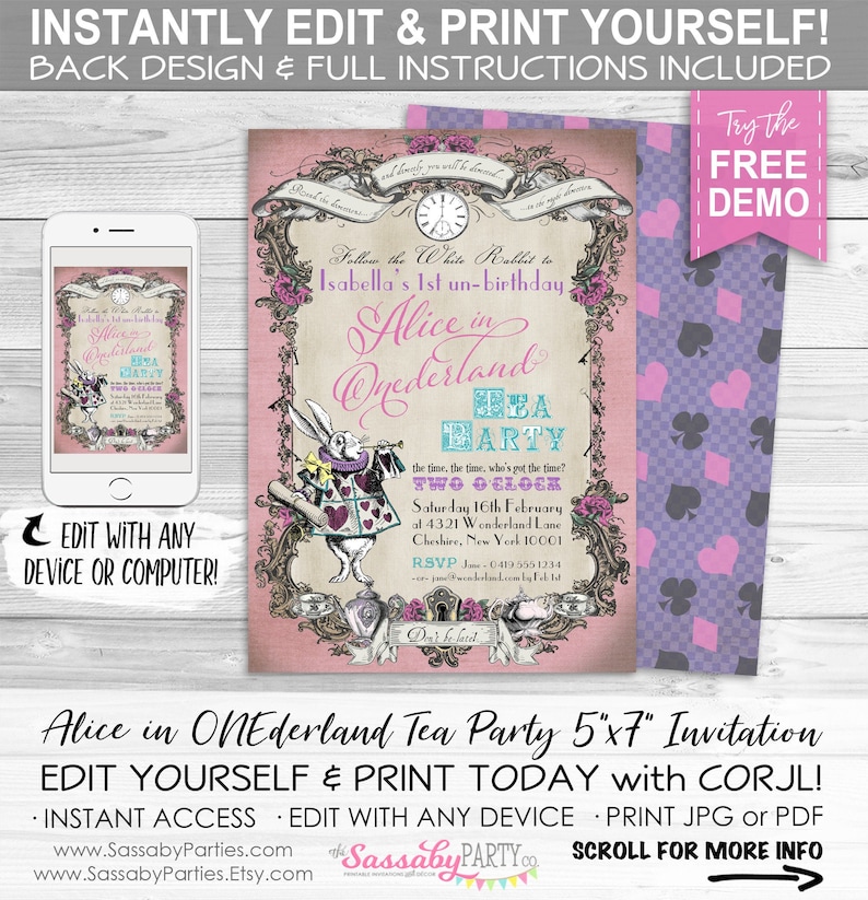 Alice in Wonderland Onederland Invitation, Pastel Pink Invite, First Birthday, 1st Bday, One, Edit Text, White Rabbit, Tea Party, Dont Be Late, Editable, Instant Download, Printable Birthday, Print Yourself