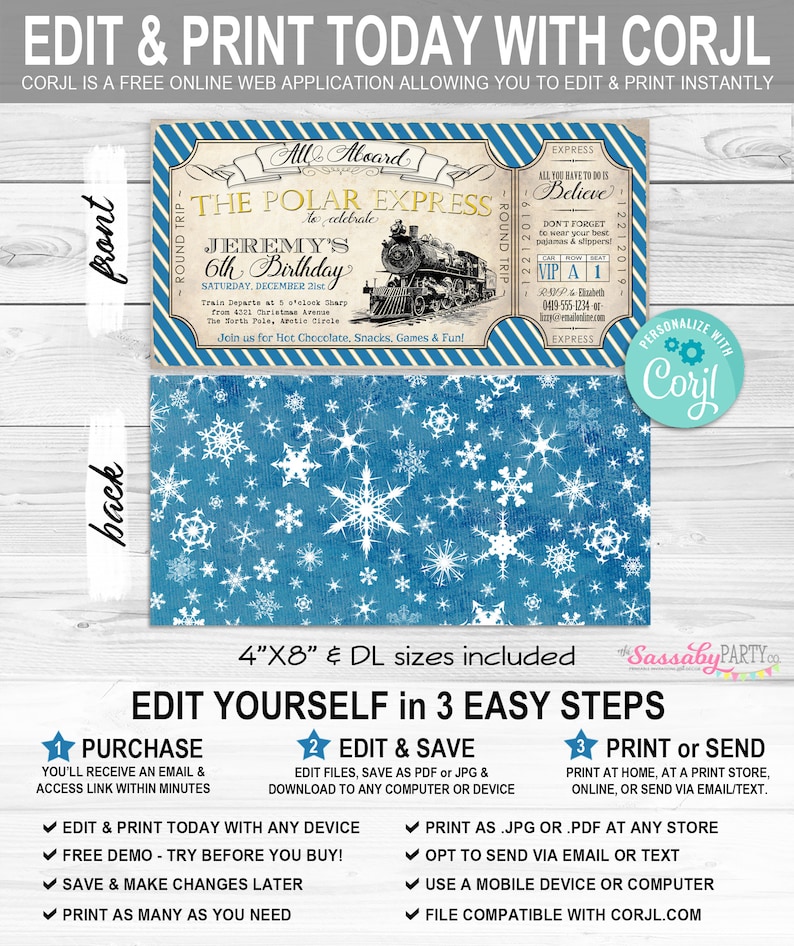 Polar Express Invitation, Ticket Invite, Blue, All Aboard, Printable, Print yourself, Birthday Decorations, Christmas, Xmas, Instant Download, Digital File
